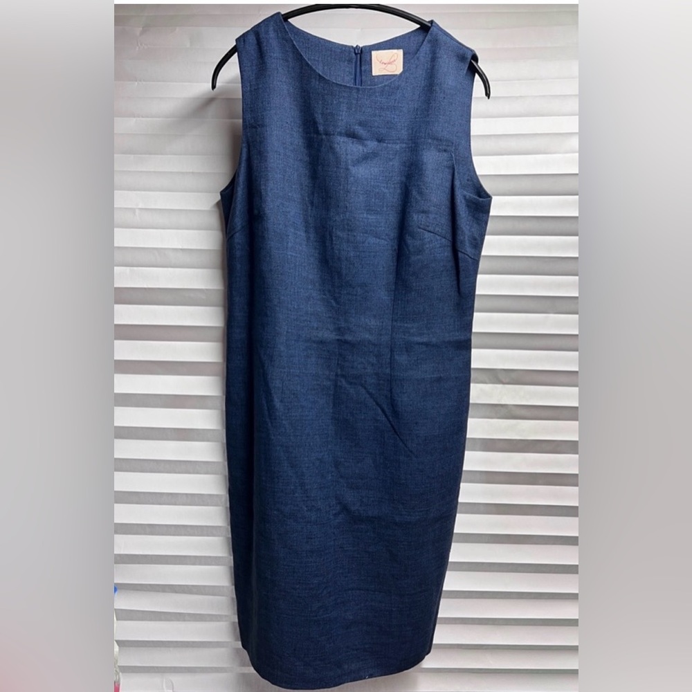 Elegant Navy Blue Sleeveless Dress, 50% Linen